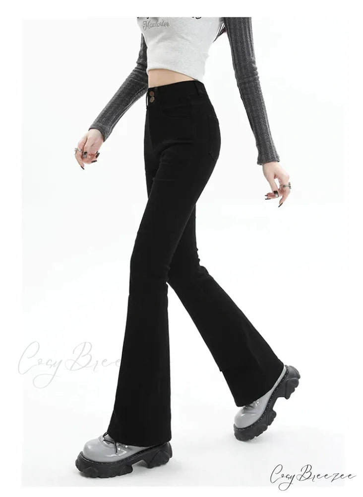 Winter Women’s Plus Velvet Warm Black Flare Vintage High Waist Harajuku Streetwear Wide Leg Straight Denim Trousers Y2K