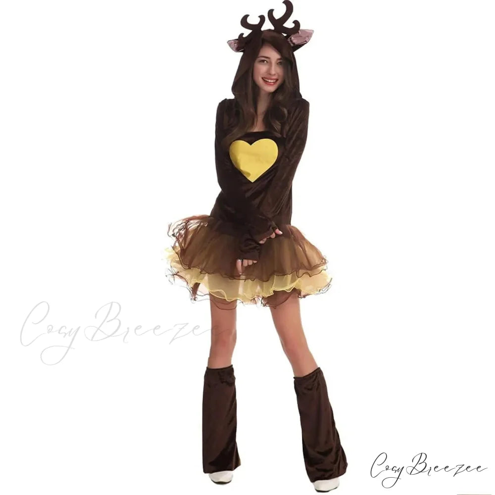 Winter Xmas Tree Deer Snowman Sexy Lolita Party Christmas Costume Brown / XL