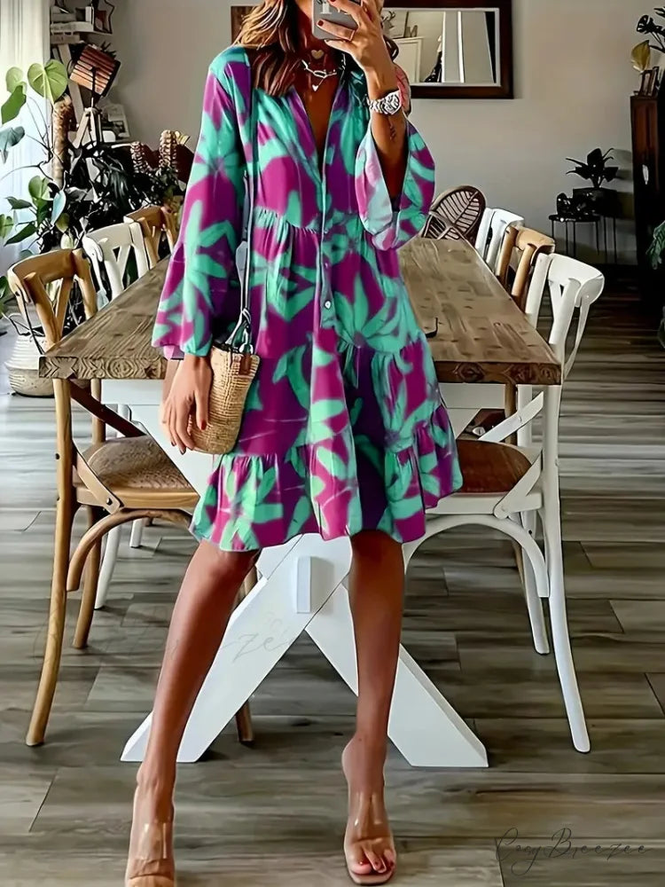 with Arm Long Gown Leaves Full-Length Tiered Print M / Purple