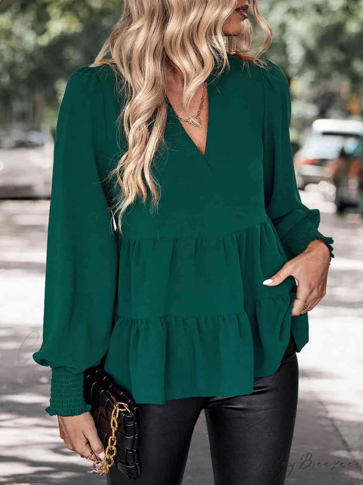 with Blouse Notched Arm Lantern Neck