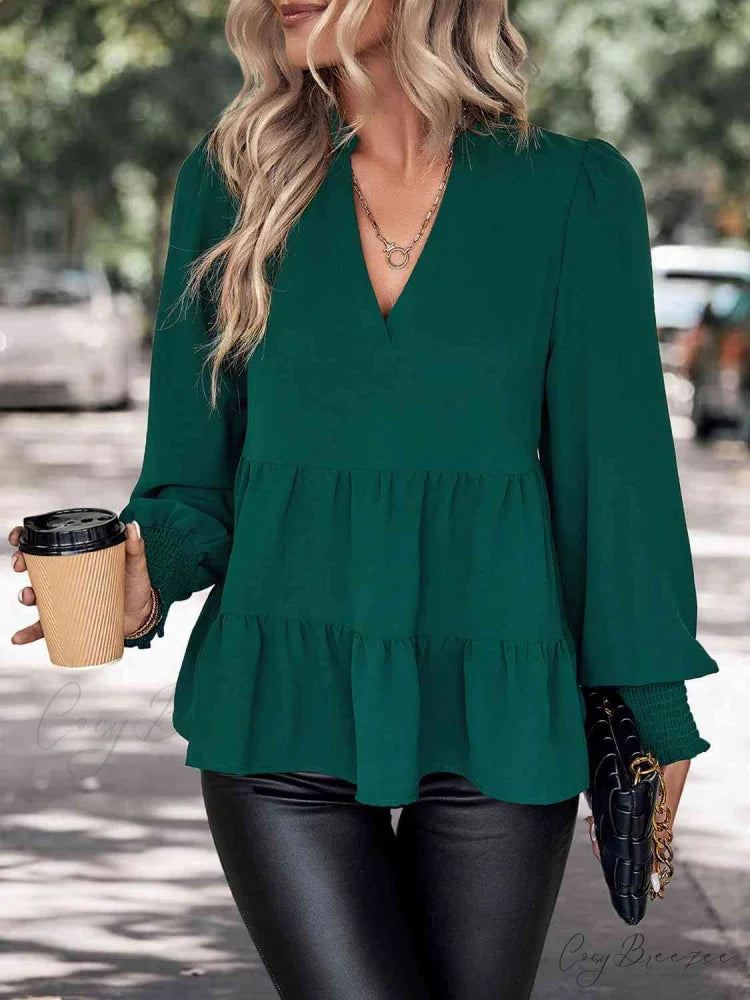 with Blouse Notched Arm Lantern Neck