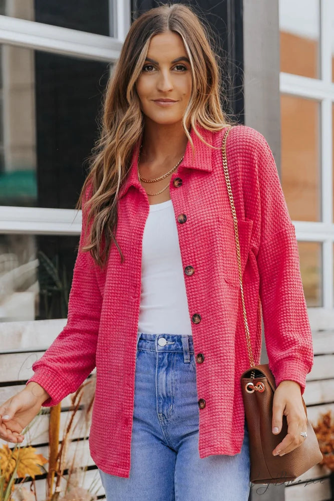with Blouse Waffle-Knit Dropped Neck Collared Shoulder Strawberry / S