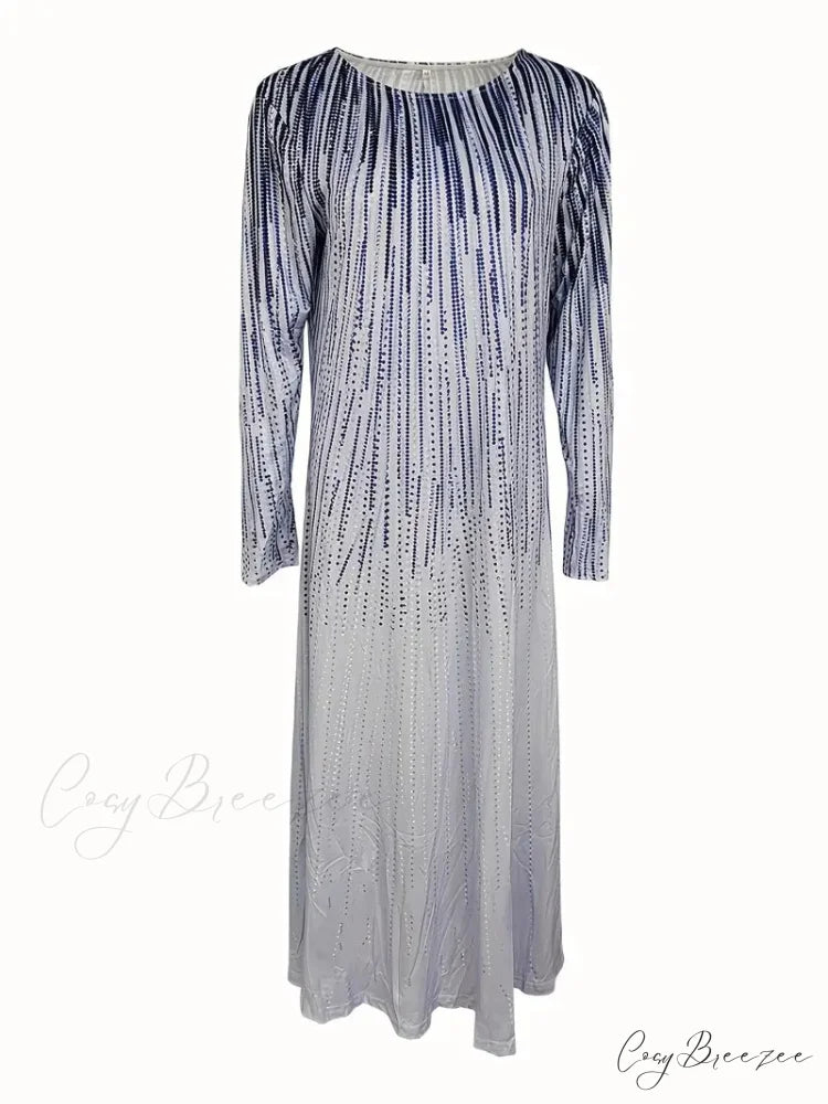 with Crew Full-Length Geometric and Design Gown Neck Long Sleeves M / Blue