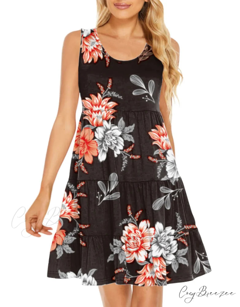 with Flowy Flowered Swing Sleeveless Neck Design Tiered Coastal - and Gown Mini Scoop Sundress M / RED