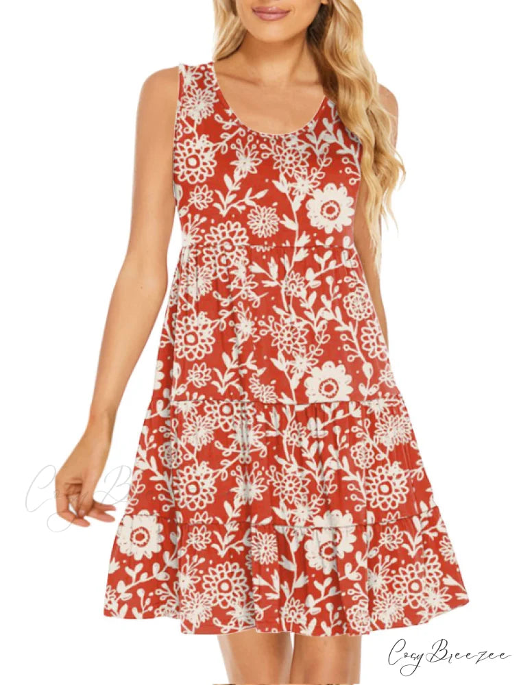 with Flowy Flowered Swing Sleeveless Neck Design Tiered Coastal - and Gown Mini Scoop Sundress S / RED