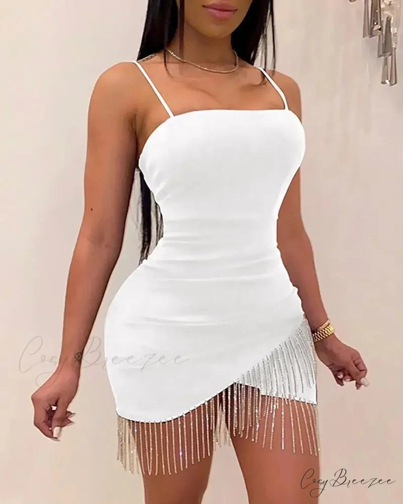 Woman Party Night Birthday Tassel Split Sleeveless Bodycon Mini Dress WHITE / S