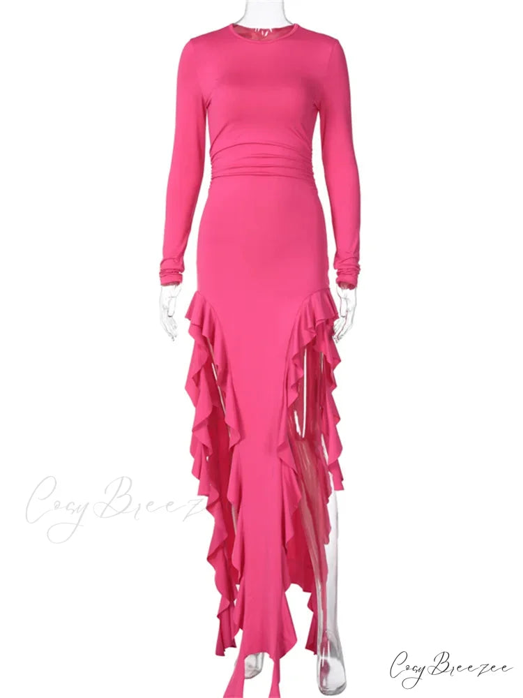 Women Bodycon Fashion Sleeve Solid Color High Split Ruffles Ruched Party Female Vestidos