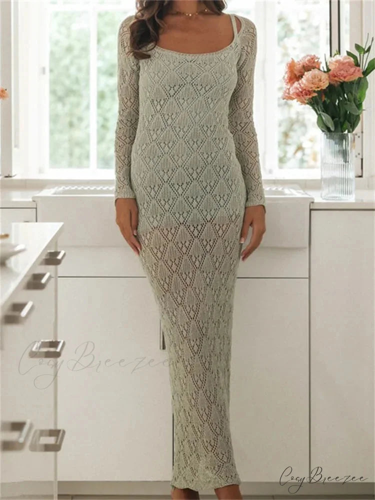 Women Bodycon Lace See Through Hollow Out O-neck Sleeve Back Split Party Female Vestidos