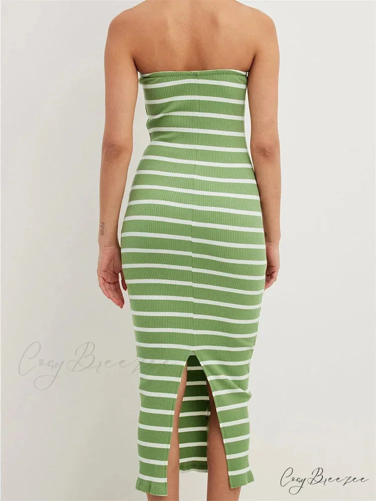 Women Bodycon Striped Strapless Off Shoulder Backless Tube Summer Split Knitted Party Vestidos
