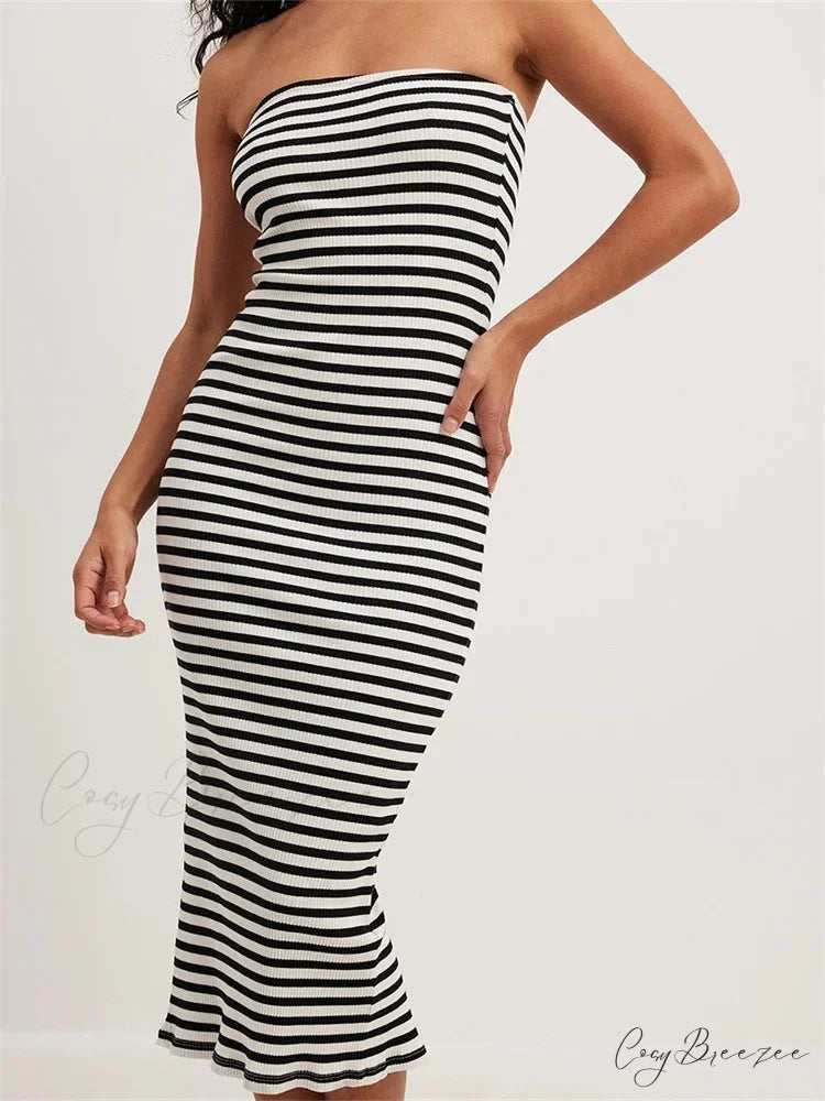 Women Bodycon Striped Strapless Off Shoulder Backless Tube Summer Split Knitted Party Vestidos Black / S