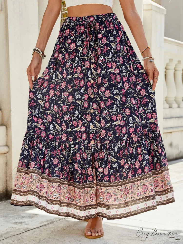 Women Boho Maxi Skirts Button Down Floral A-line Hippie Stylish Navy Blue / S skirt-250126