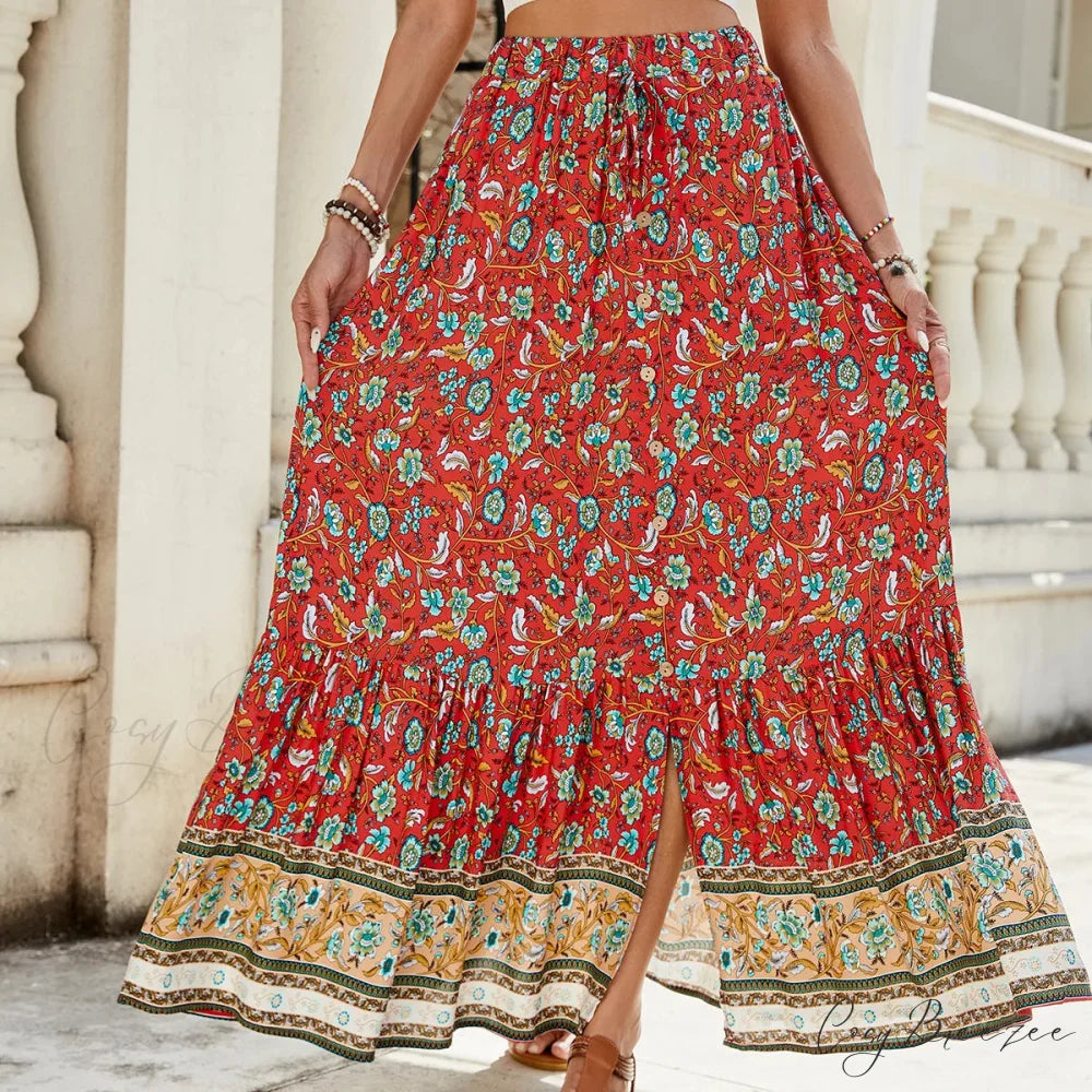 Women Boho Maxi Skirts Button Down Floral A-line Hippie Stylish Red / S skirt-250126