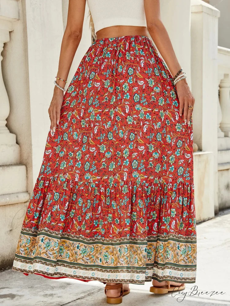 Women Boho Maxi Skirts Button Down Floral A-line Hippie Stylish skirt-250126