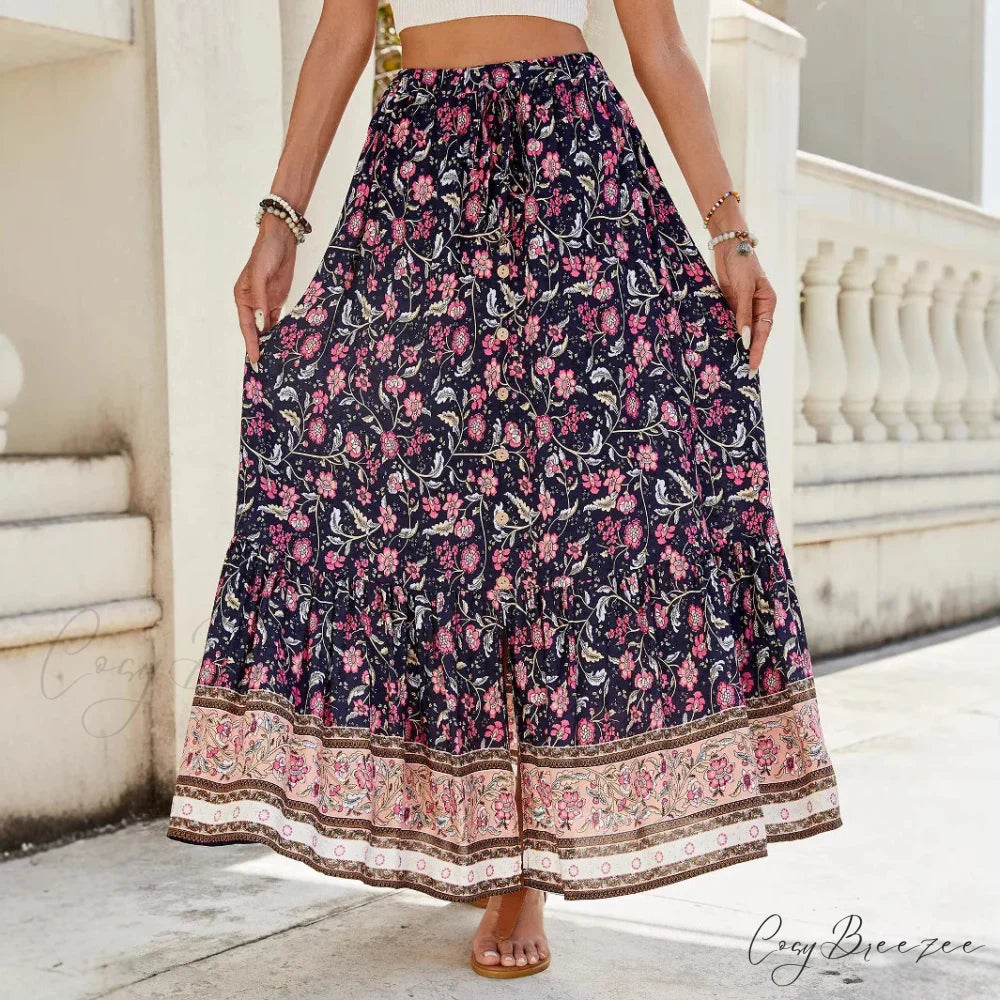 Women Boho Maxi Skirts Button Down Floral A-line Hippie Stylish skirt-250126
