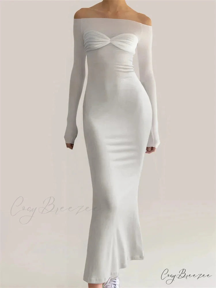 Women Bow Patchwork Sleeve Elegant Solid Slash Neck Off Shoulder Party Beach Club Vestido Streetwear WHITE / S