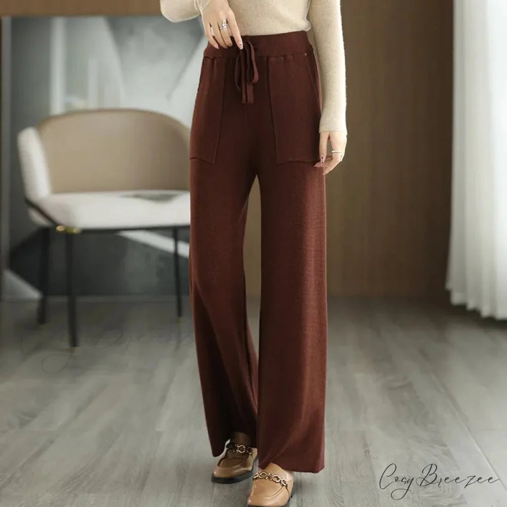 Women Drawstring Straight Leg Vintage Low Rise Striped Knitted Lounge Pants