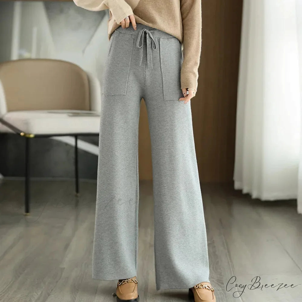 Women Drawstring Straight Leg Vintage Low Rise Striped Knitted Lounge Pants GRAY / M