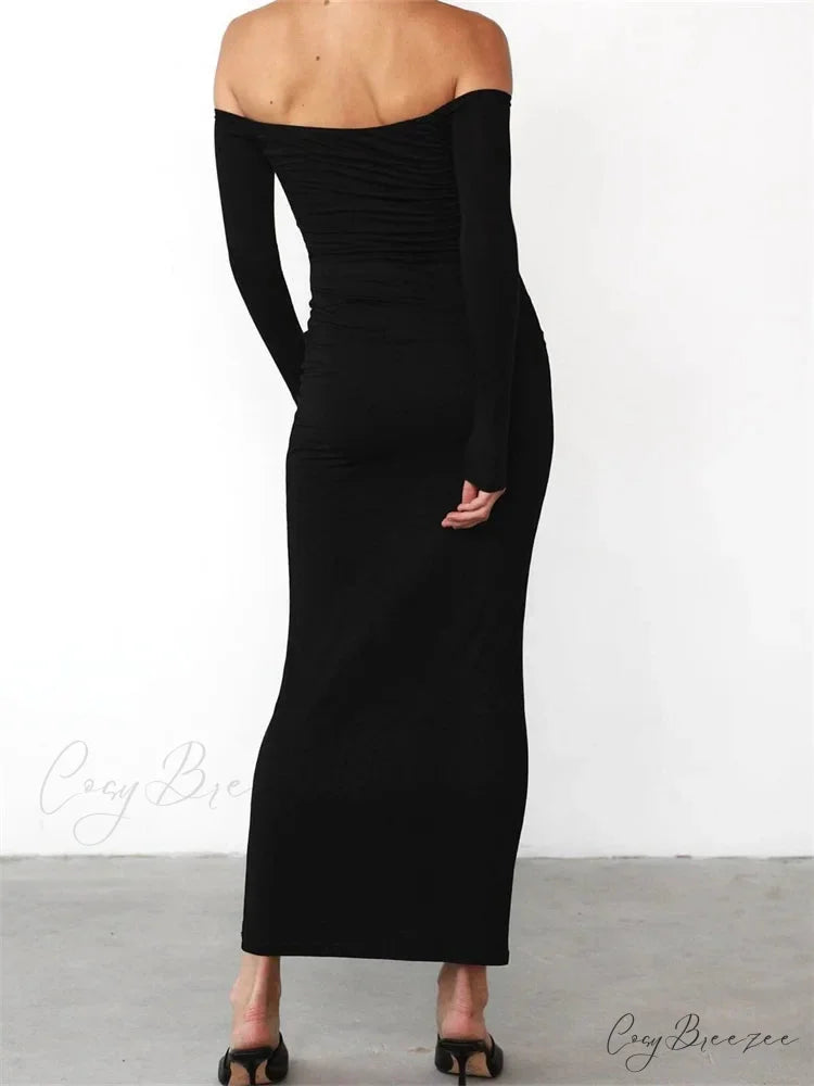 Women Elegant Slash Neck Off-shoulder Solid Color Slim Fit Fall Cocktail Party Female Vestidos