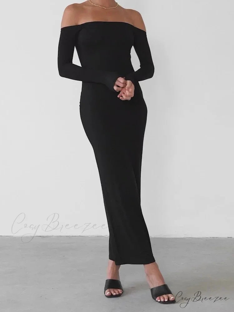 Women Elegant Slash Neck Off-shoulder Solid Color Slim Fit Fall Cocktail Party Female Vestidos BLACK / S