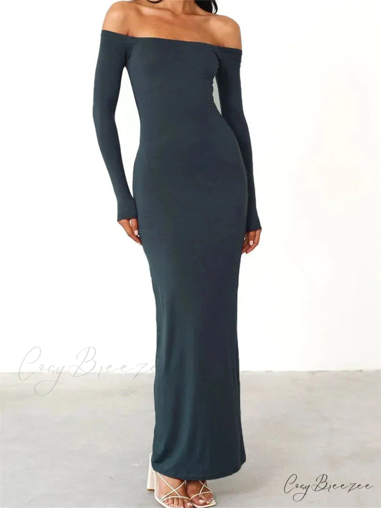 Women Elegant Slash Neck Off-shoulder Solid Color Slim Fit Fall Cocktail Party Female Vestidos Dark Green / S