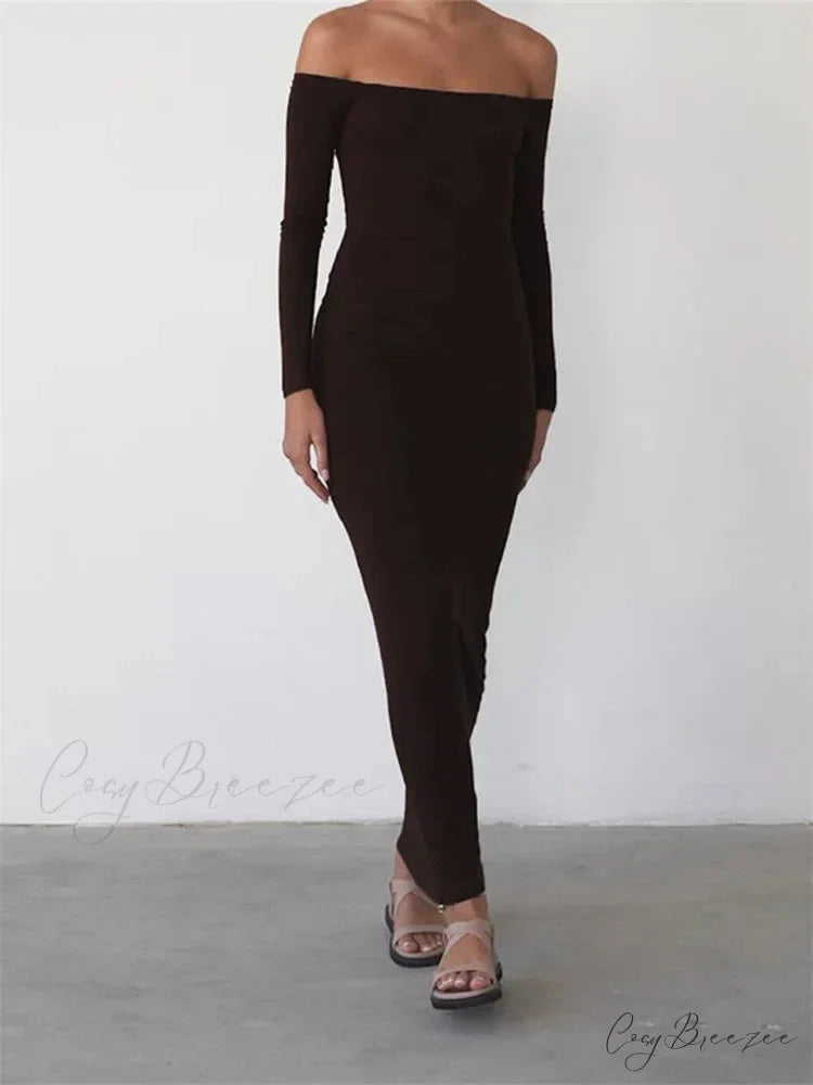 Women Elegant Slash Neck Off-shoulder Solid Color Slim Fit Fall Cocktail Party Female Vestidos GRAY / S