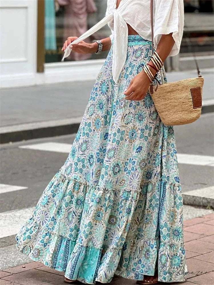Women Flowy Boho Skirt Printed Ruffled Hem Summer Club Skirt skirt-250126