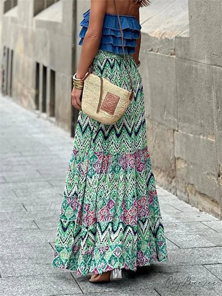 Women Flowy Boho Skirt Printed Ruffled Hem Summer Club Skirt skirt-250126