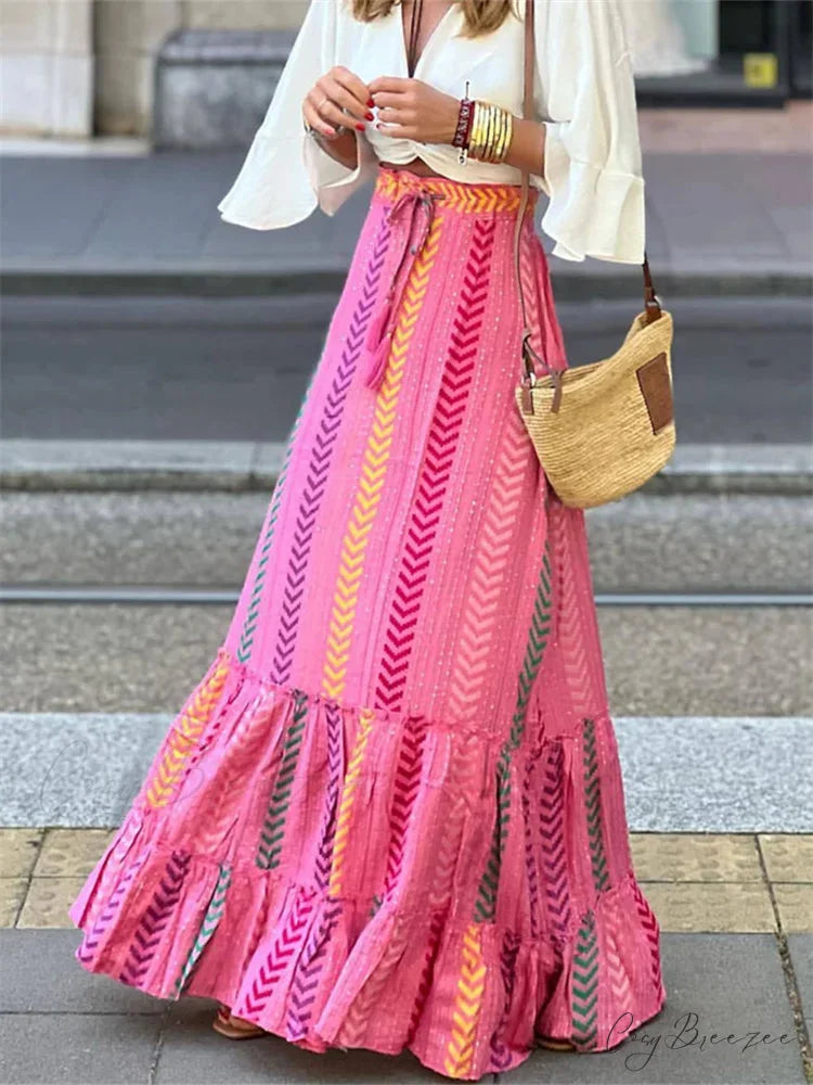 Women Flowy Boho Skirt Printed Ruffled Hem Summer Club Skirt PINK / S skirt-250126