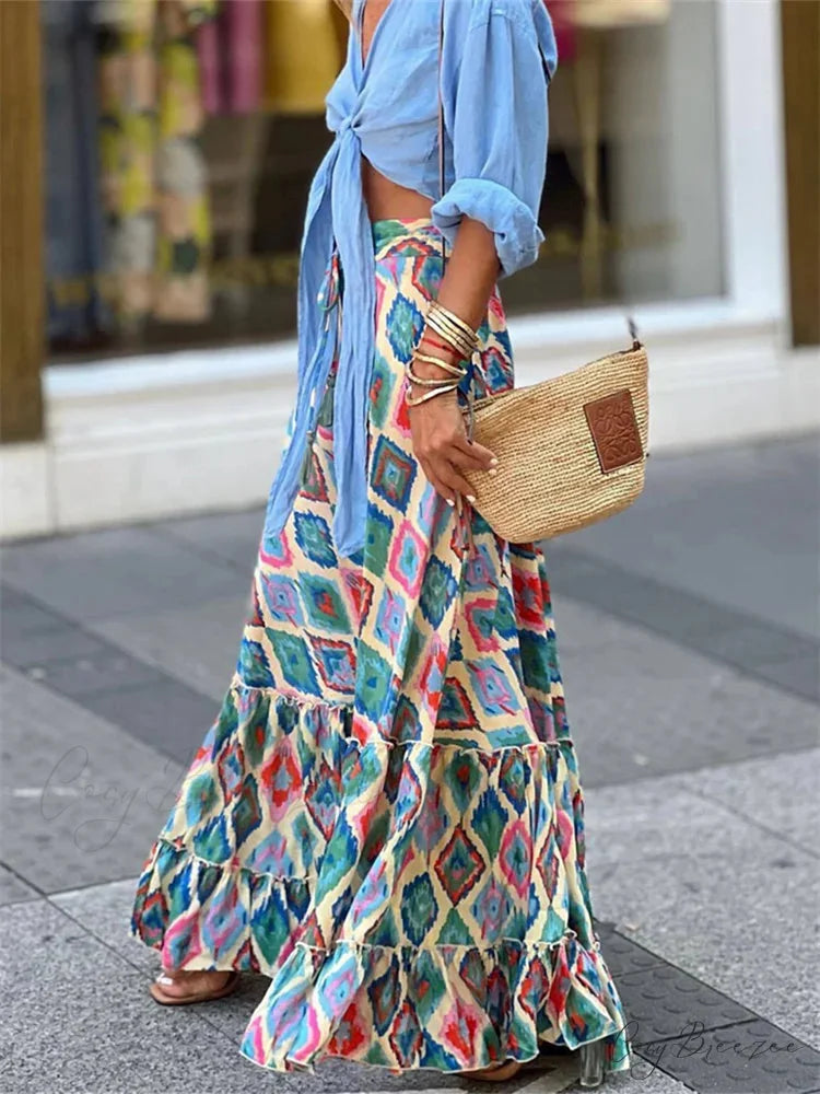 Women Flowy Boho Skirt Printed Ruffled Hem Summer Club Skirt SKY BLUE2 / S skirt-250126