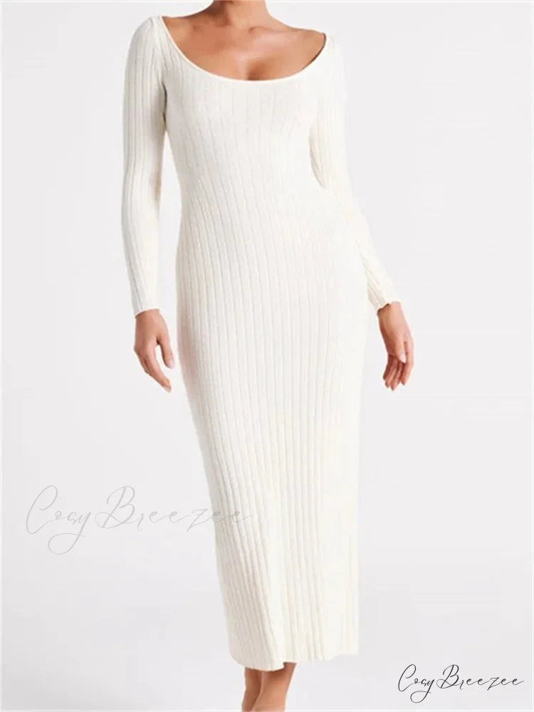 Women Knitted Bodycon Solid Color Ribbed Round Neck Sleeve Side Split Spring Fall Vestidos WHITE / S