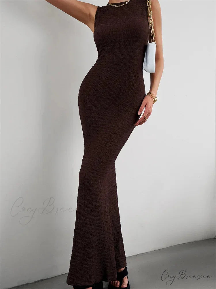 Women Knitted Sleeveless Round Neck Solid Color Slim Fit Ruched Tank Cocktail Party Female Vestidos