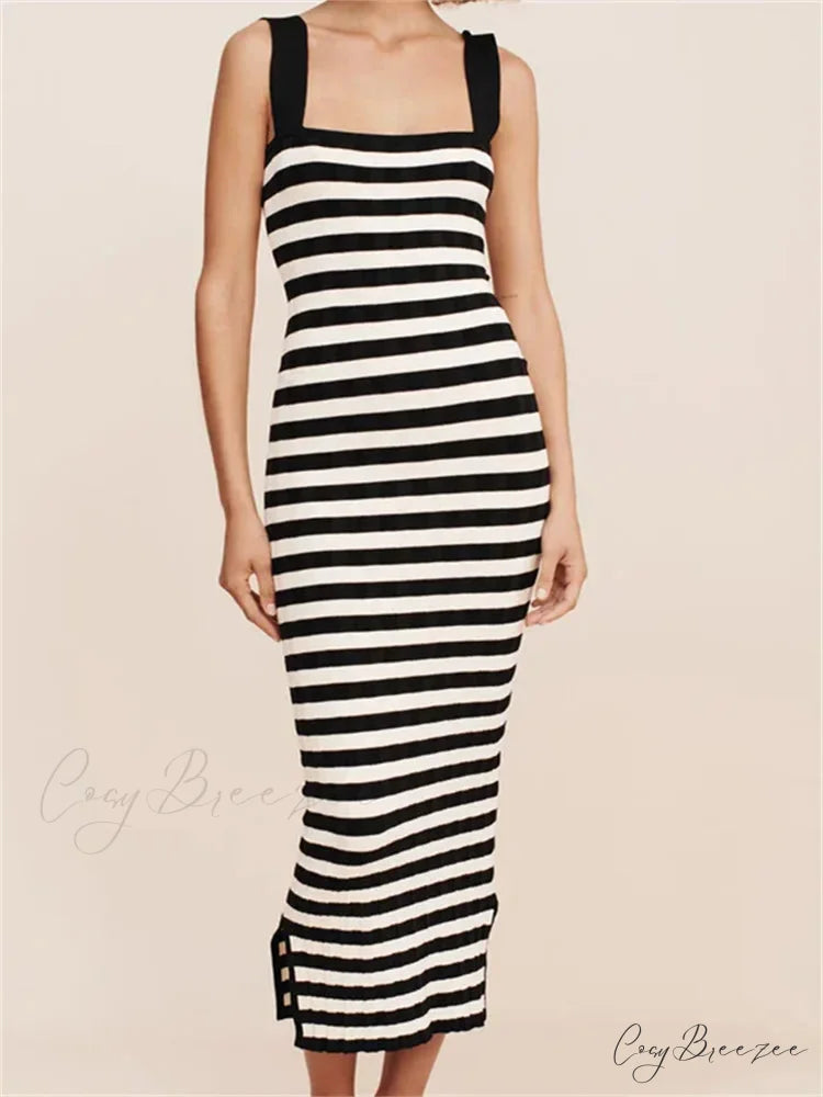 Women Knitted Sleeveless Square Neck Striped Print Beach Tank Side Split Summer Female Vestidos