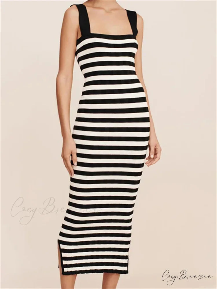 Women Knitted Sleeveless Square Neck Striped Print Beach Tank Side Split Summer Female Vestidos BLACK / S
