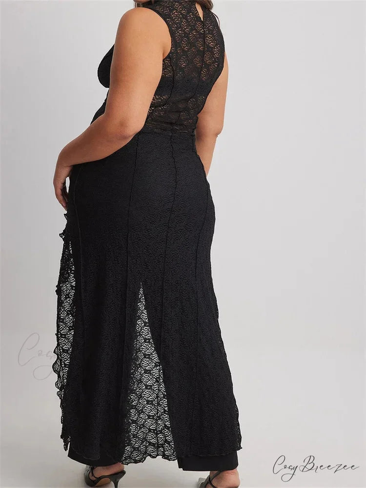 Women Lace See Through Vintage Sleeveless Round Neck Solid Ruffles High Split Female Vestidos