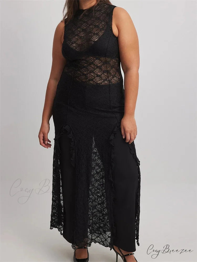 Women Lace See Through Vintage Sleeveless Round Neck Solid Ruffles High Split Female Vestidos BLACK / S