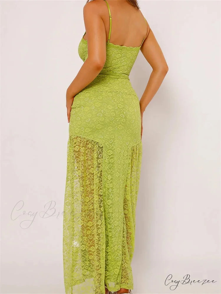Women Lace V-neck Low Cut Sleeveless Spaghetti Strap Solid Color Bodycon Elegant Party Vestidos