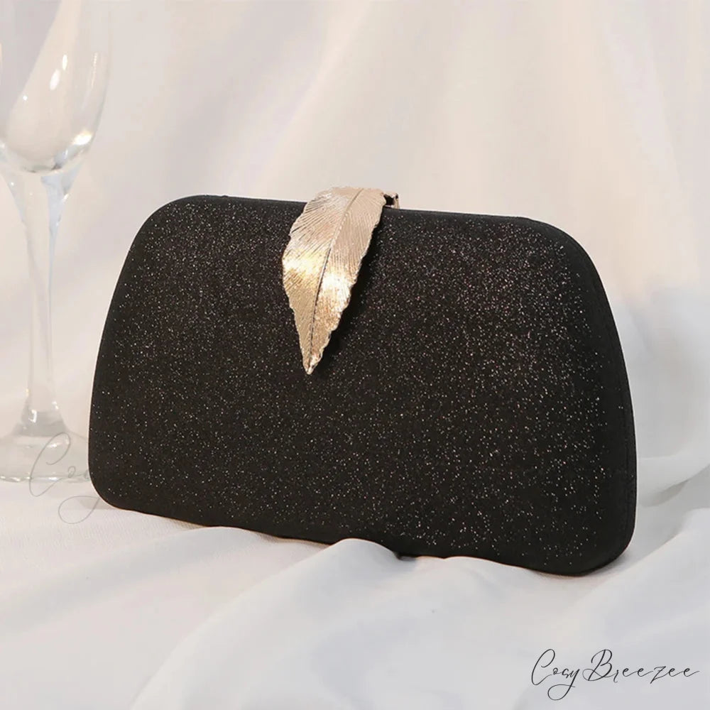 Women Leaf Design Bling Chain Purse Black clutchbag-250126