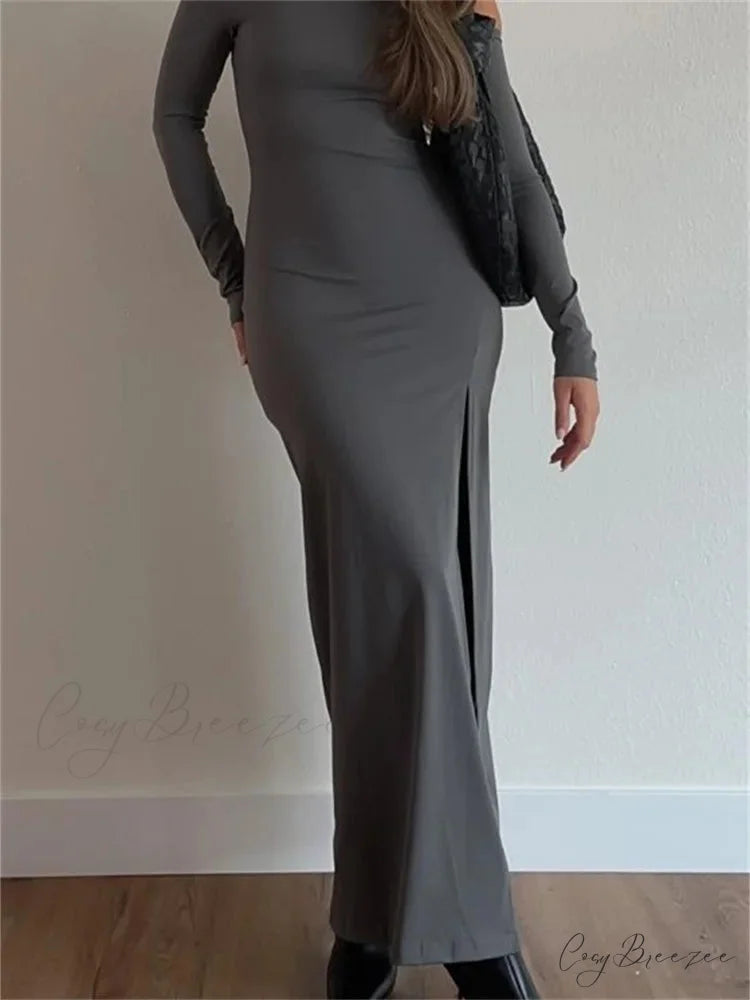 Women Off-Shoulder Solid Color Sleeve Side High Split Slim Fit Party Spring Fall Vestidos