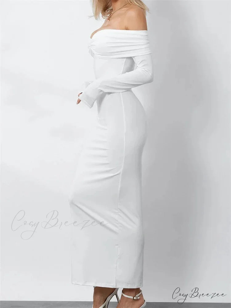 Women Ruched Slash Neck Off-shoulder Sleeve Solid Slim Fit Bodycon Cocktail Party Vestidos