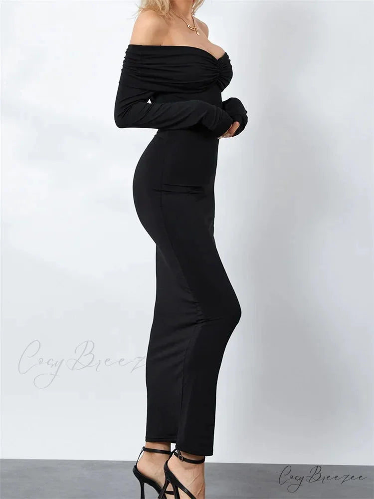 Women Ruched Slash Neck Off-shoulder Sleeve Solid Slim Fit Bodycon Cocktail Party Vestidos