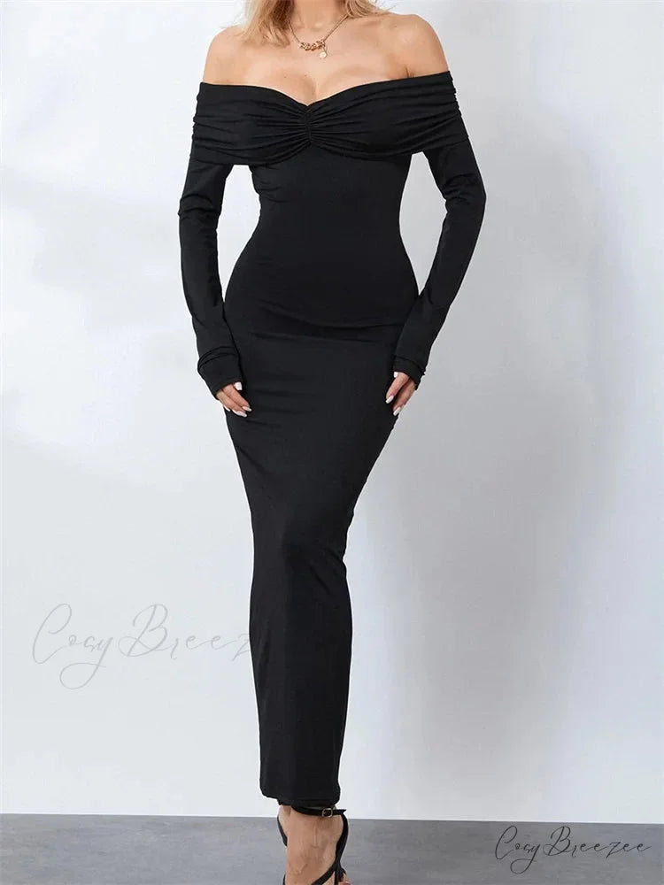 Women Ruched Slash Neck Off-shoulder Sleeve Solid Slim Fit Bodycon Cocktail Party Vestidos BLACK / S