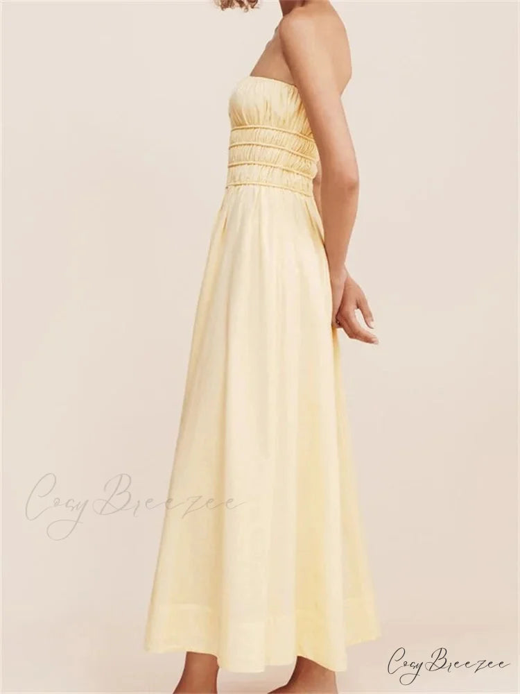 Women Ruched Strapless Tube Solid Summer Backless Party A-Line for Cocktail Streetwear Aesthetic Vestidos