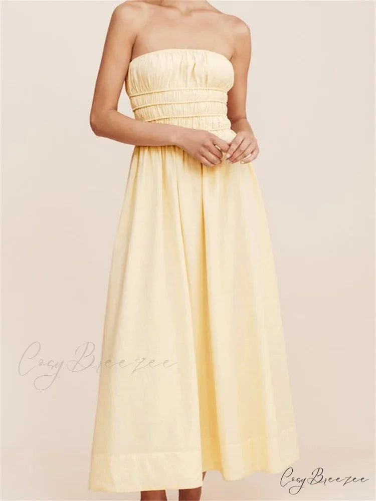 Women Ruched Strapless Tube Solid Summer Backless Party A-Line for Cocktail Streetwear Aesthetic Vestidos
