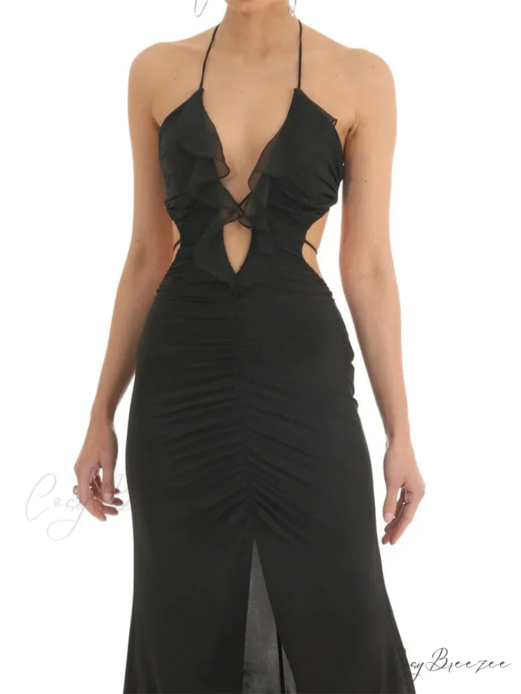 Women Ruffle Halter Lace-up Y2K Sleeveless Off Shoulder Backless Tassels Ruched Front Split Vestidos