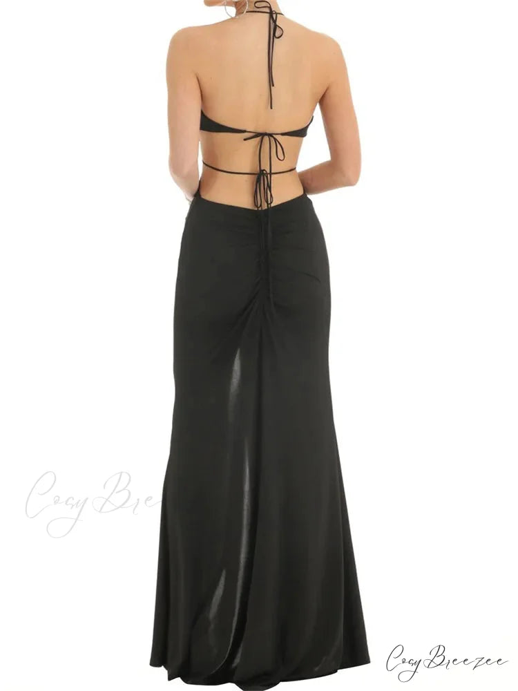 Women Ruffle Halter Lace-up Y2K Sleeveless Off Shoulder Backless Tassels Ruched Front Split Vestidos
