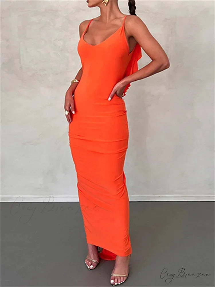 Women Sexy Spaghetti Strap Backless Bodycon V-neck Ruffles Ruched Party Evening Clubwear Vestidos