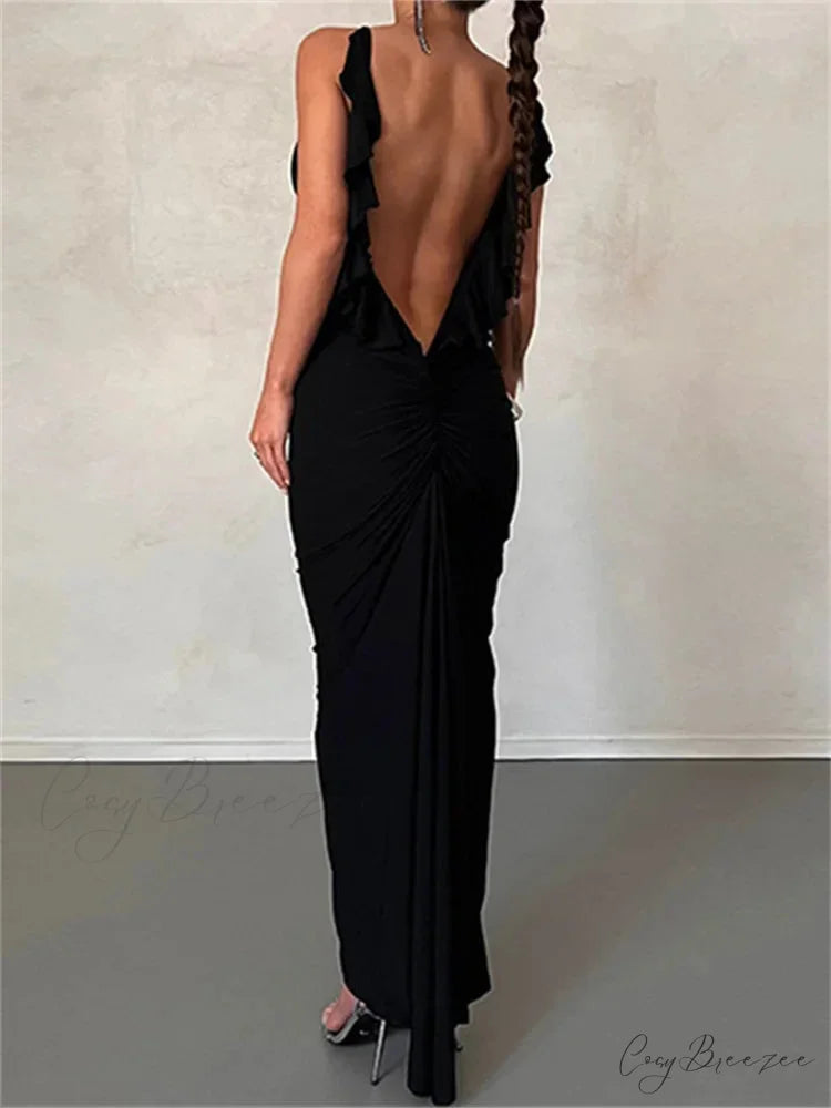 Women Sexy Spaghetti Strap Backless Bodycon V-neck Ruffles Ruched Party Evening Clubwear Vestidos Black / S
