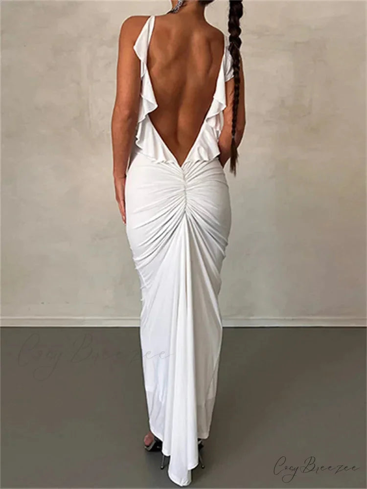 Women Sexy Spaghetti Strap Backless Bodycon V-neck Ruffles Ruched Party Evening Clubwear Vestidos WHITE / S