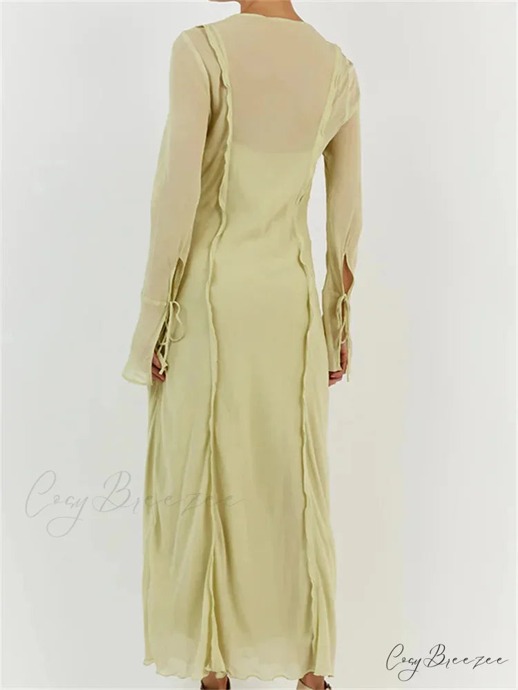 Women Sleeve Loose Casual V Neck Mesh See Through Party Beach Cocktail Club Vestidos Streetwear
