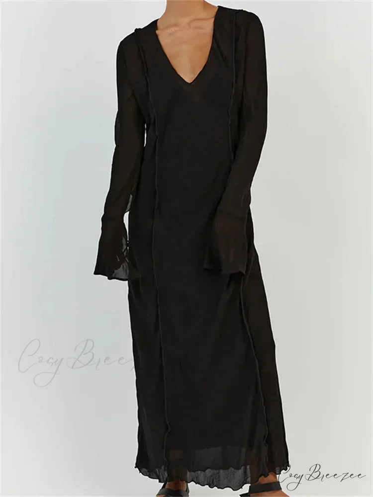 Women Sleeve Loose Casual V Neck Mesh See Through Party Beach Cocktail Club Vestidos Streetwear